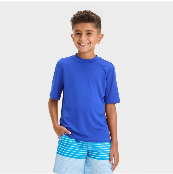 Solid Blue Short Sleeve Rash Guard - Picture 1 of 3